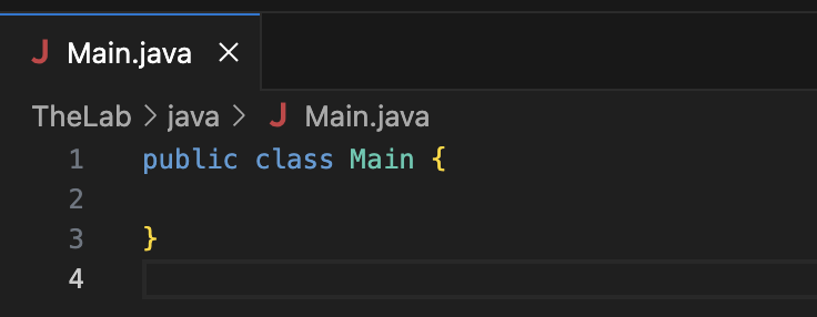 IDE showing a file named Main.java with an empty class by the same name