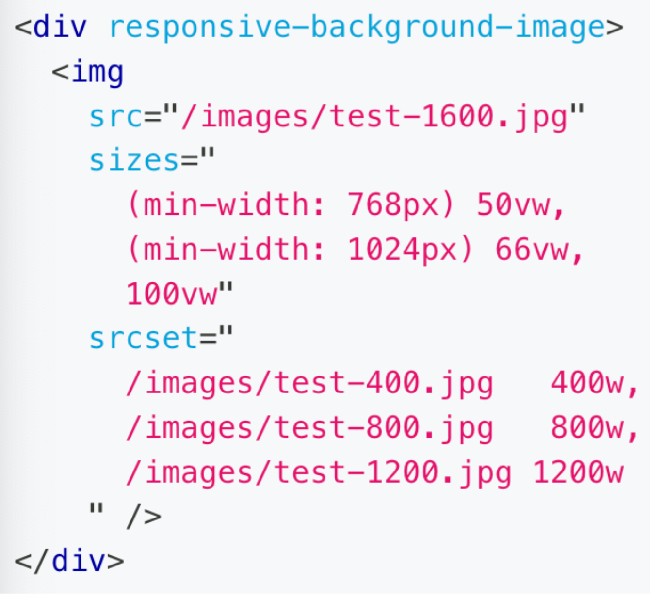 code example depicting use of srcset and sizes in an html document