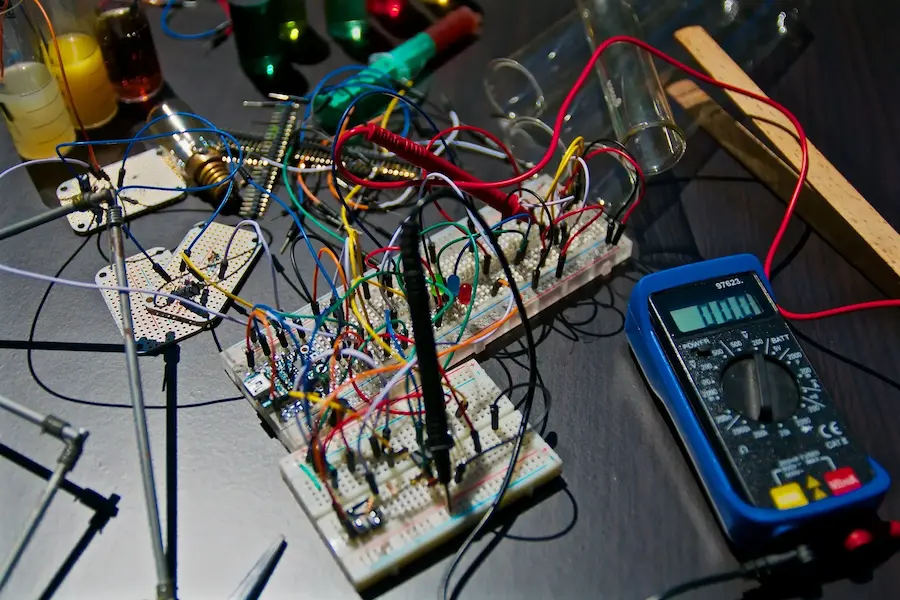 view of arduino project with wires and tools